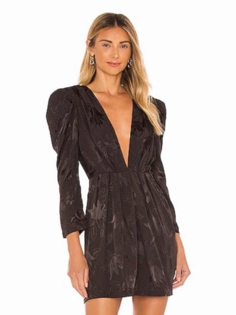 Misa Los Angeles Black Long-Sleeve V-Neck Jacquard Dress ***Fair Condition***